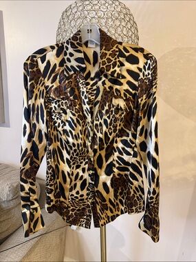 Cache Animal Print Silk Button-Up Shirt - Brown, Black, Cream size S